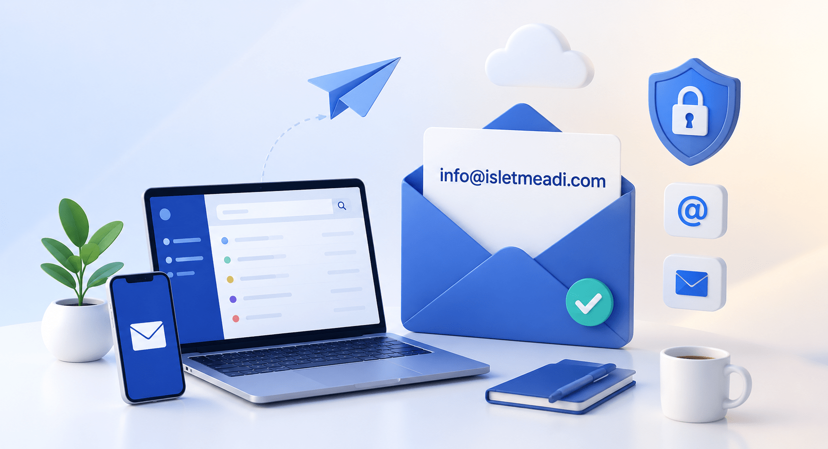 Kurumsal e-posta hizmetini temsil eden dizüstü bilgisayar, mobil cihaz ve info@isletmeadi.com örnek e-posta adresi görseli