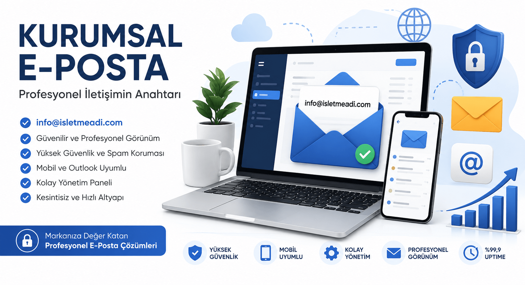 Kurumsal e-posta, şirket maili ve profesyonel e-posta adresi kullanımını gösteren görsel