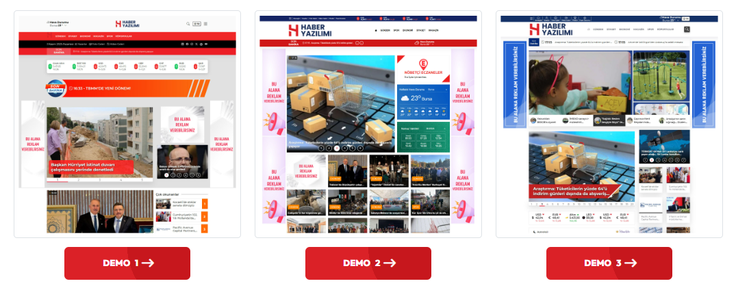 Demo 1, Demo 2 ve Demo 3 haber sitesi tasar�mlar�n�n brief&rsquo;teki orijinal �nizlemeleri