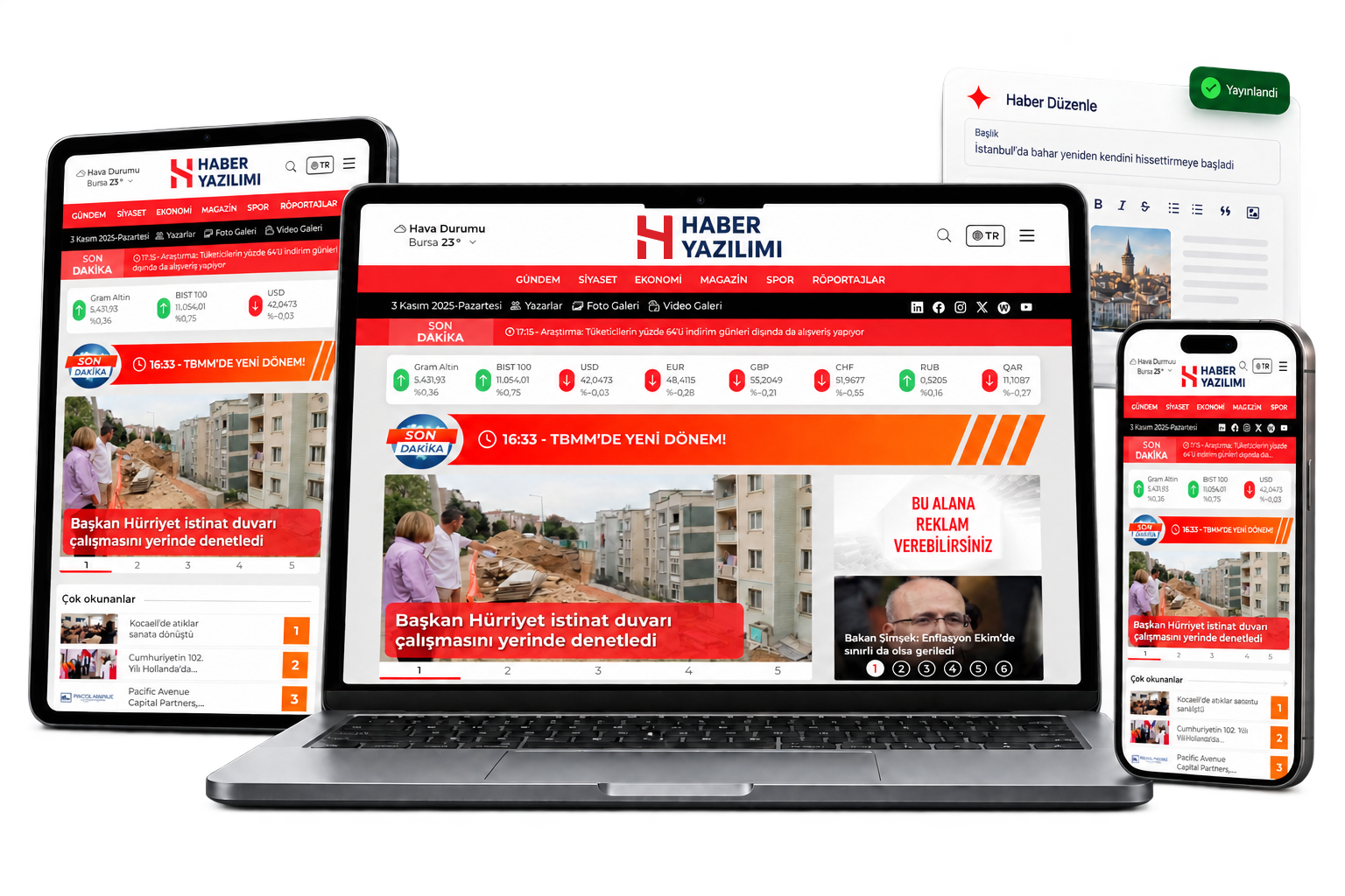 Haber Yaz�l�m� Demo 1 temas�n�n Haber Yaz�l�m� logosuyla laptop, tablet ve telefonda g�sterimi
